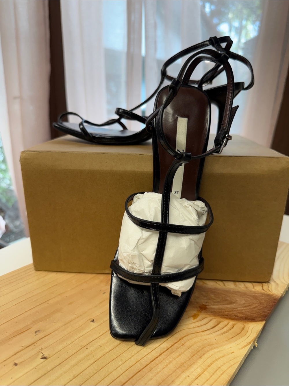 Zara caged minimalist black patent finish high-heeled sandals